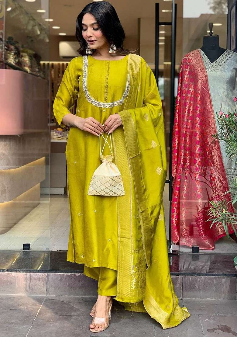 Yellow Embroidered Chanderi Straight Kurta Set - Indya