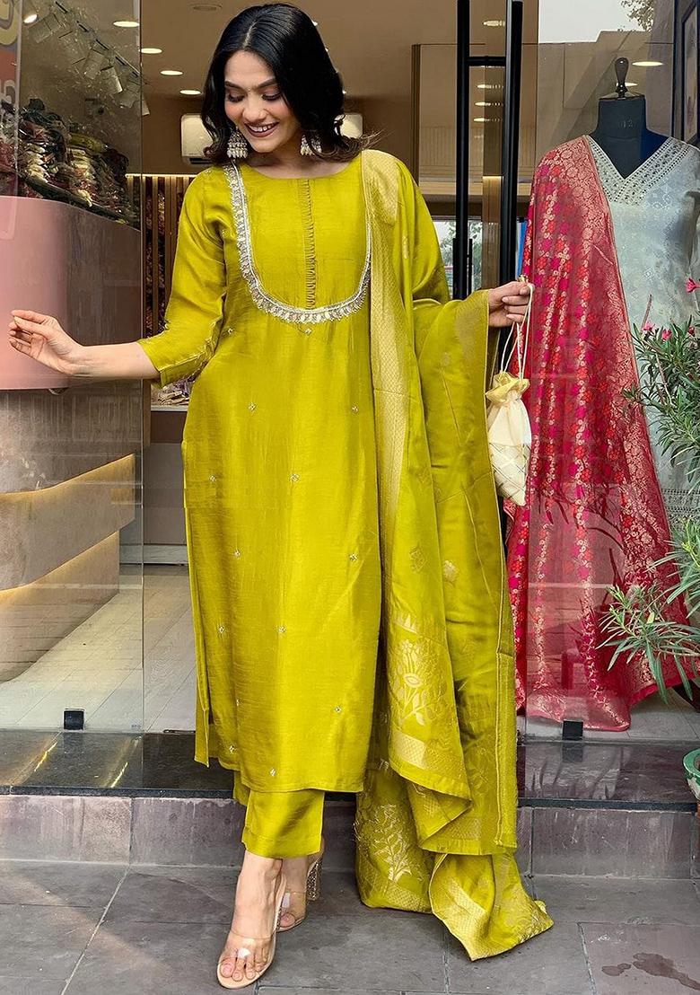 Yellow Embroidered Chanderi Kurta Set