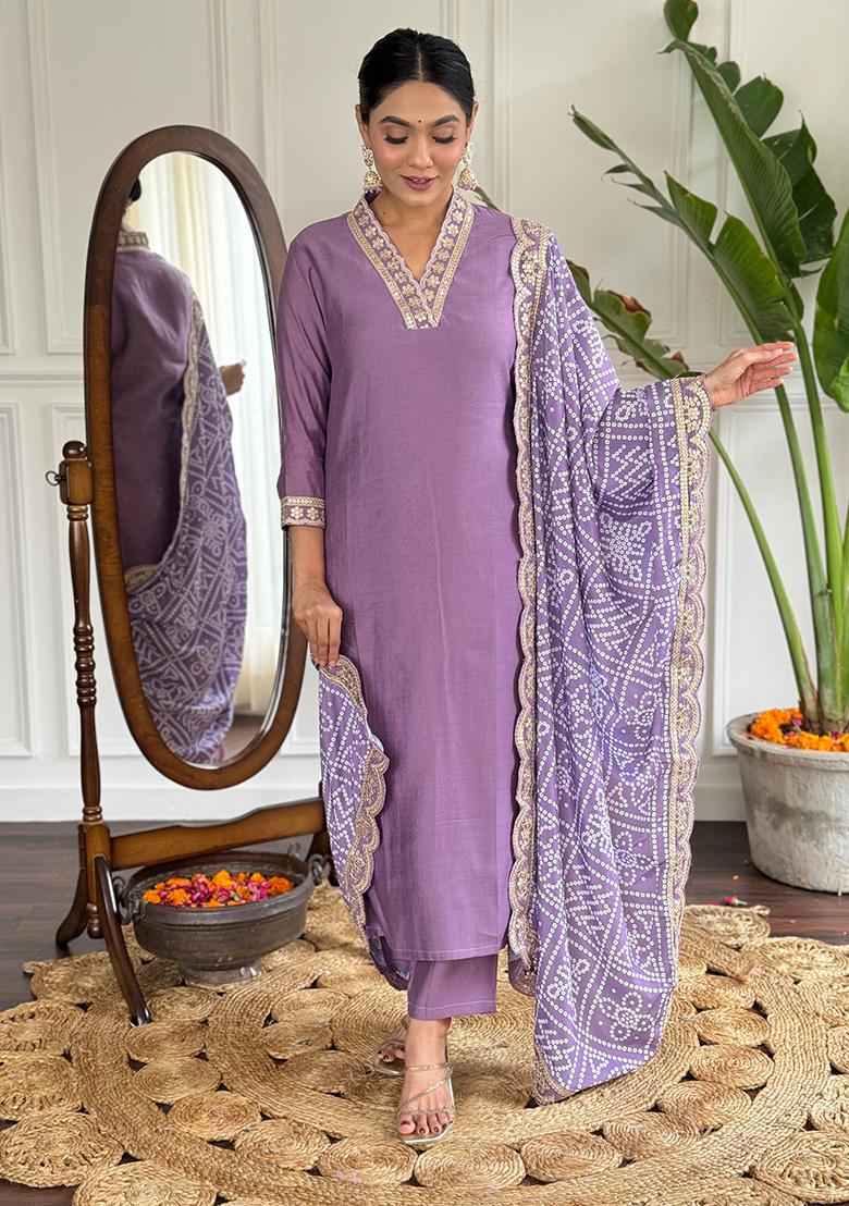 Purple Embroidered Chanderi Kurta Set