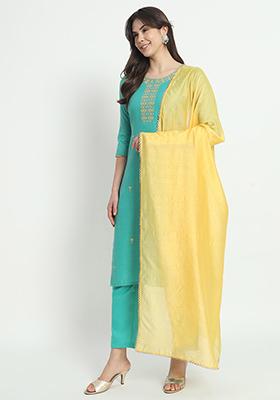 Green Embroidered Cotton Kurta Set