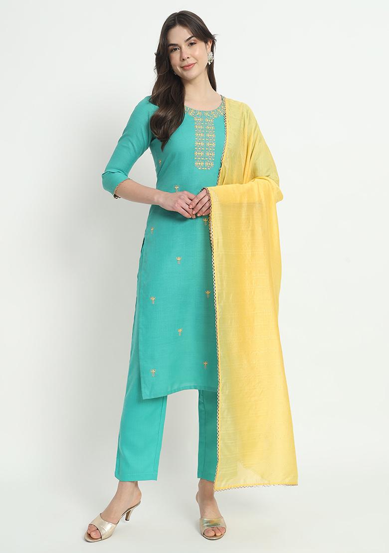 Green Embroidered Cotton Kurta Set
