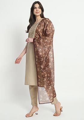 Beige Embroidered Cotton Kurta Set