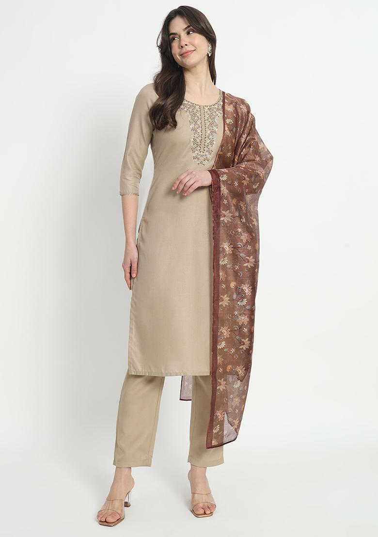 Beige Embroidered Cotton Kurta Set