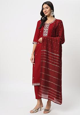 Maroon Embroidered Cotton Kurta Set