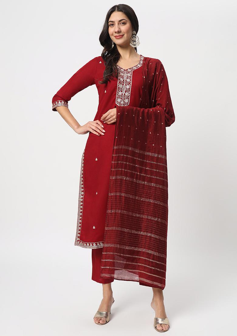 Maroon Embroidered Cotton Kurta Set