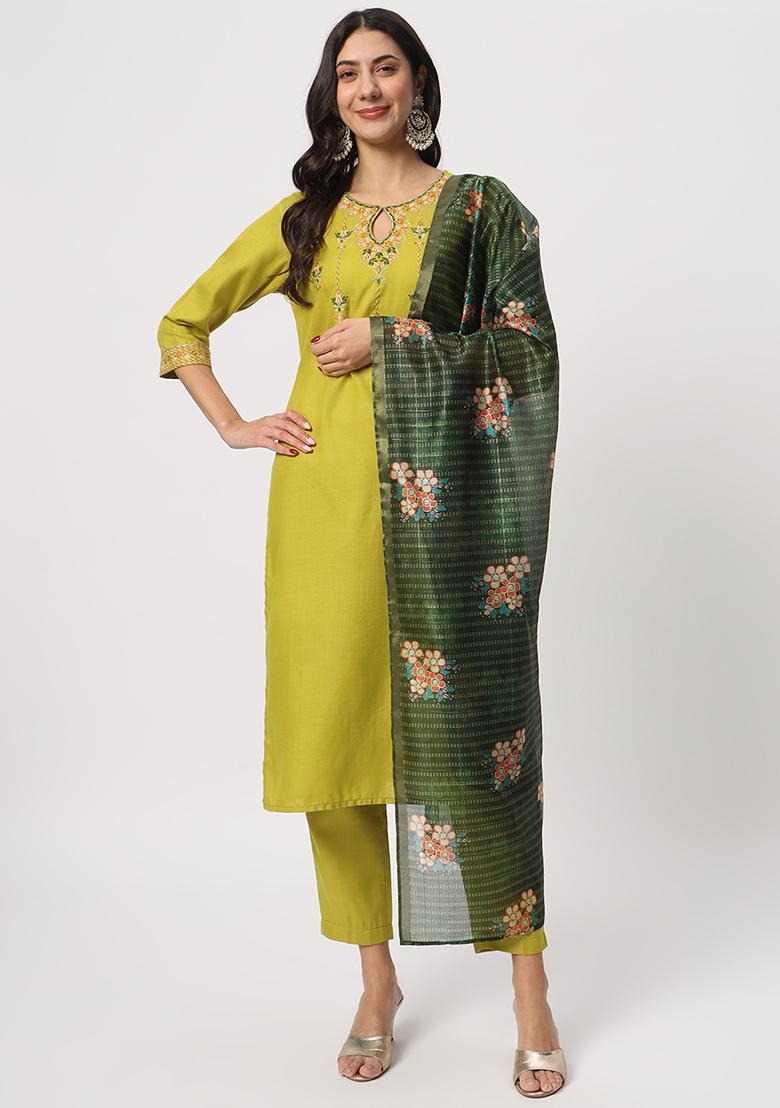 Green Embroidered Cotton Kurta Set