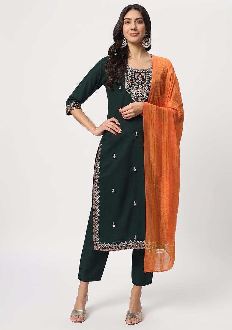 Green Embroidered Cotton Kurta Set