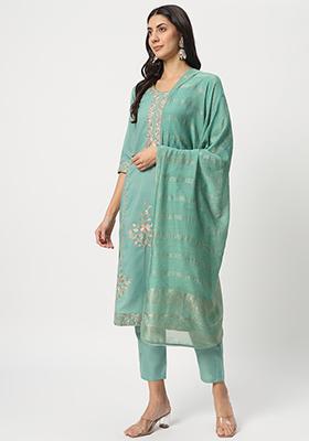 Sea Green Embroidered Cotton Kurta Set