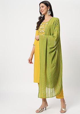Yellow Embroidered Cotton Kurta Set