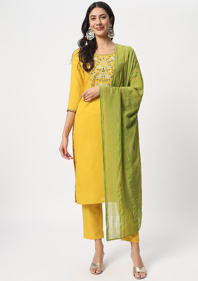 Yellow Embroidered Cotton Kurta Set