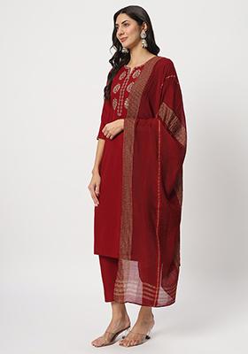 Maroon Embroidered Cotton Kurta Set