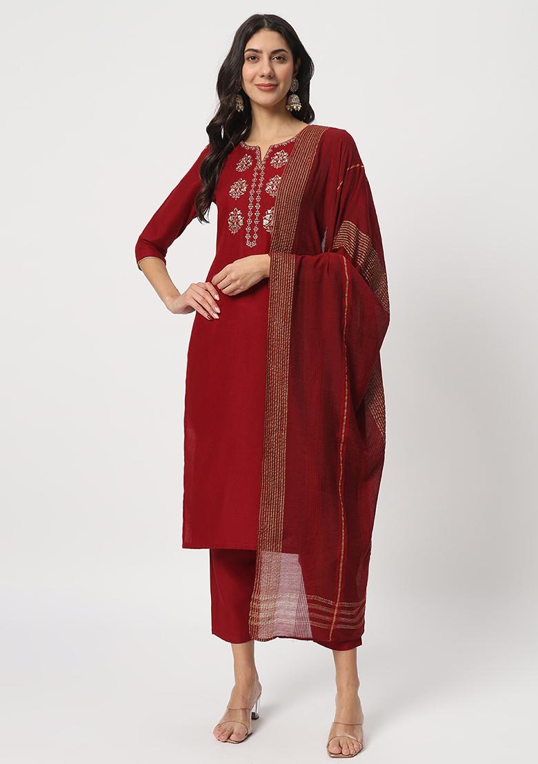 Maroon Embroidered Cotton Kurta Set