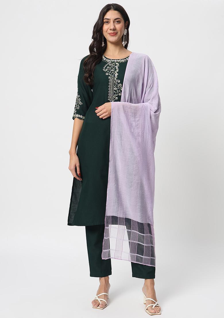 Green Embroidered Cotton Kurta Set