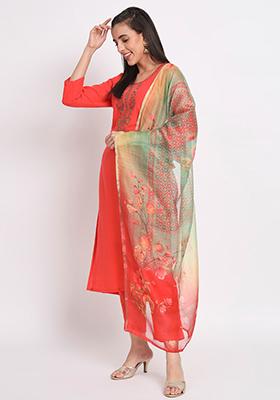 Red Abstract Print Cotton Kurta Set