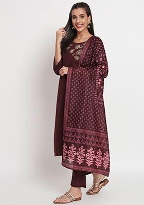 Brown Abstract Print Cotton Kurta Set