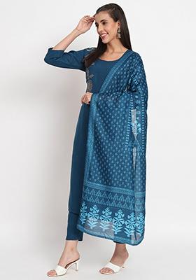 Blue Abstract Print Cotton Kurta Set