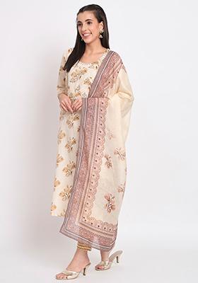 Cream Abstract Print Cotton Kurta Set