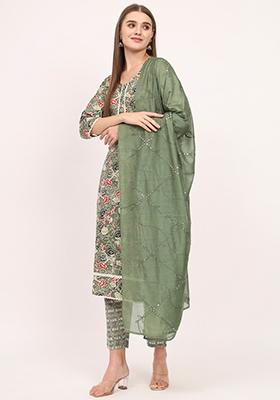 Green Abstract Print Cotton Kurta Set