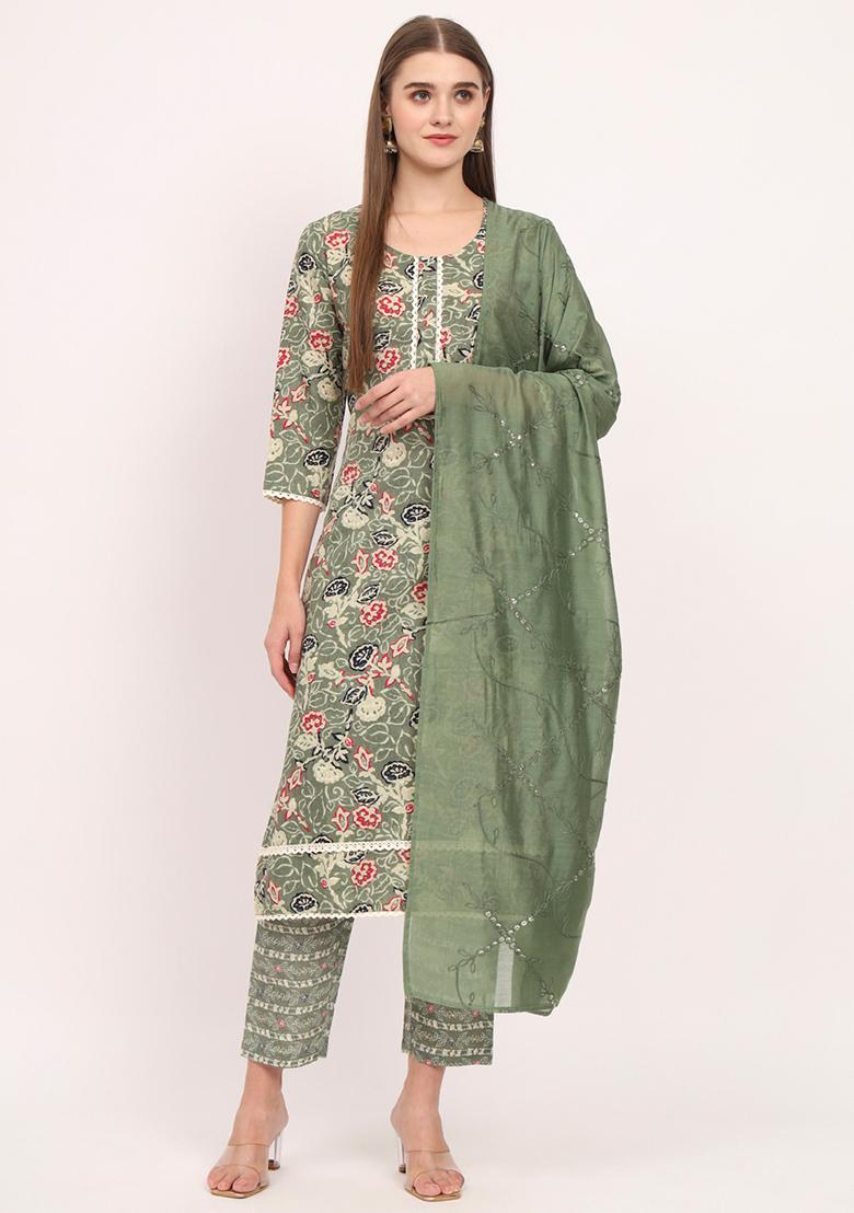 Green Abstract Print Cotton Kurta Set