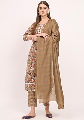 Brown Abstract Print Cotton Kurta Set