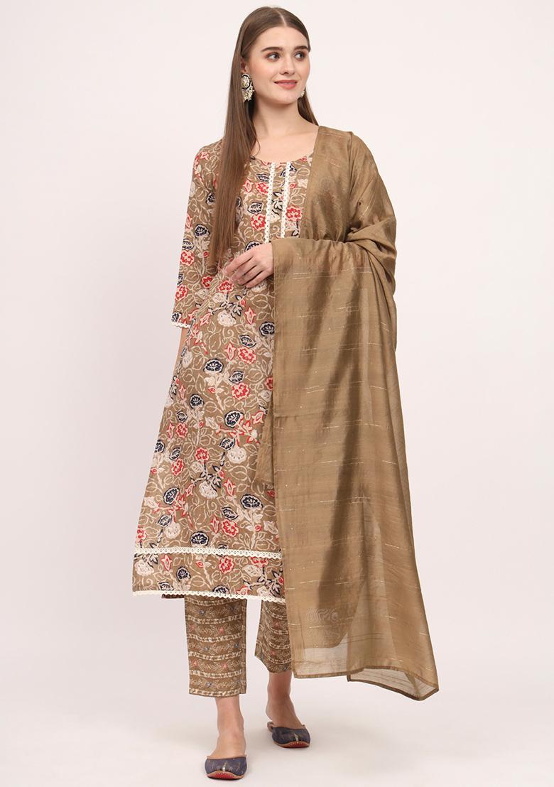 Brown Abstract Print Cotton Kurta Set