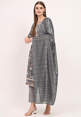 Grey Abstract Print Cotton Kurta Set