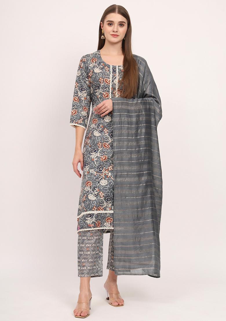 Grey Abstract Print Cotton Kurta Set