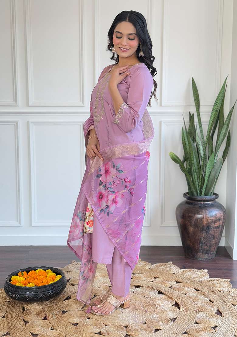 Purple Embroidered Chanderi Straight Kurta Set - Indya