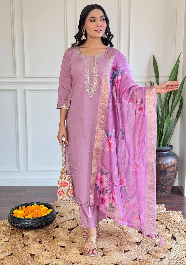 Purple Embroidered Chanderi Kurta Set
