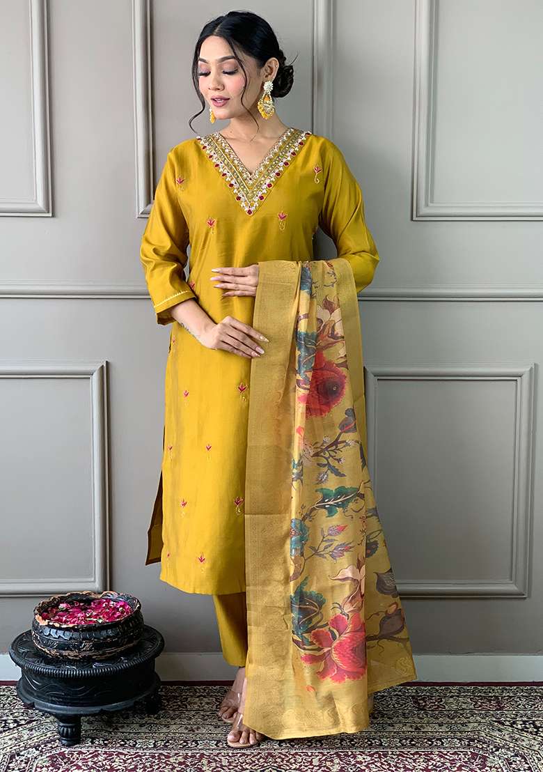 Mustard Yellow Embroidered Chanderi Straight Kurta Set - Indya