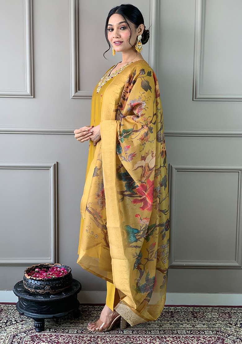 Mustard Yellow Embroidered Chanderi Straight Kurta Set - Indya