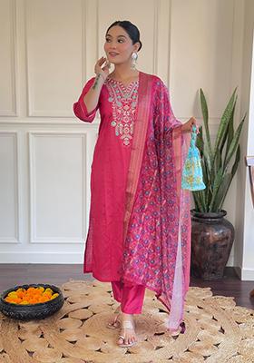 Pink Embroidered Chanderi Kurta Set