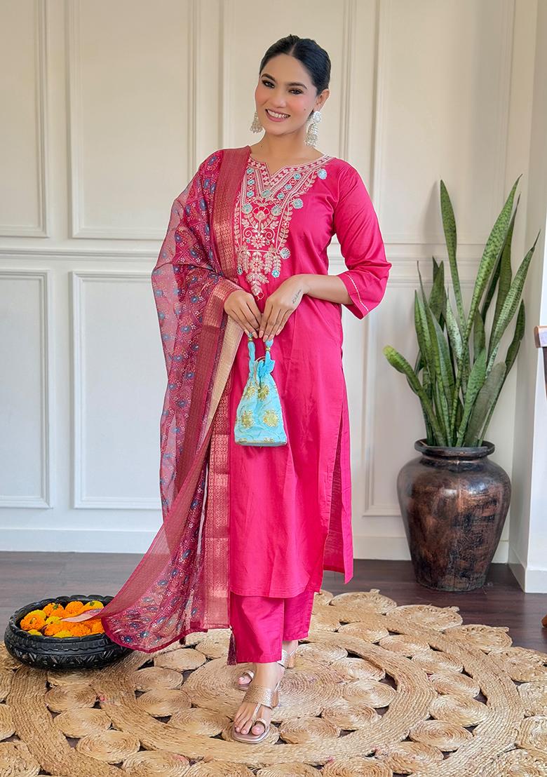 Pink Embroidered Chanderi Kurta Set