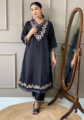 Black Embroidered Chanderi Kurta Set