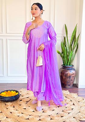 Purple Embroidered Chanderi Kurta Set