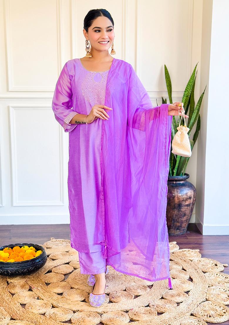 Purple Embroidered Chanderi Kurta Set