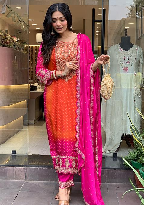 Pink Embroidered chiffon Kurta Set