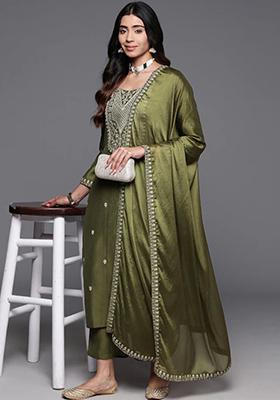Green Embroidered Chanderi Kurta Set