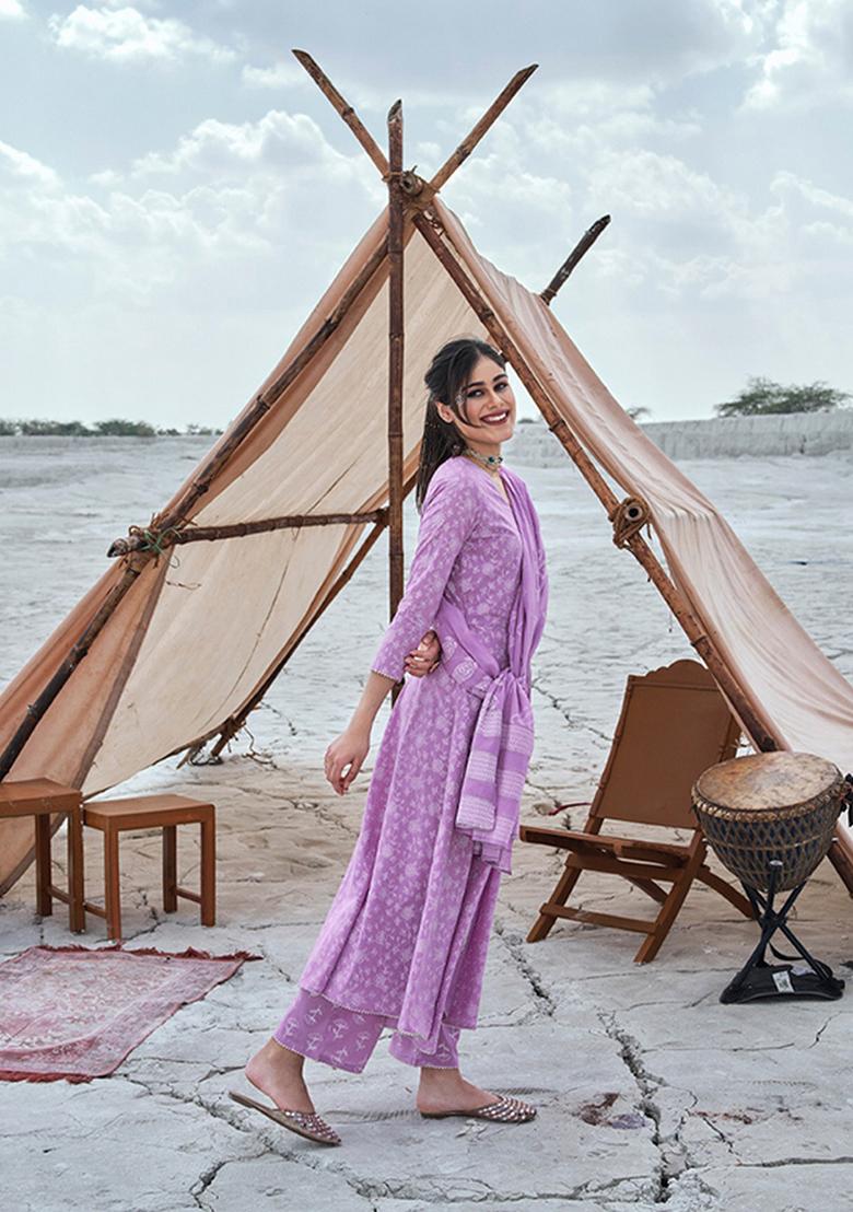 Purple Abstract Print Cotton Kurta Set
