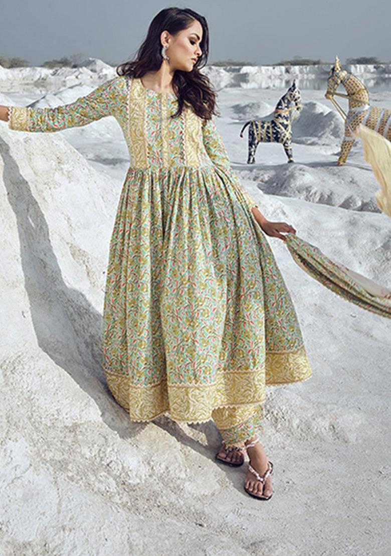 Green Abstract Print Cotton Kurta Set