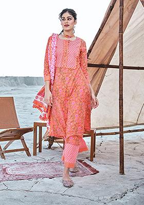 Orange Abstract Print Cotton Kurta Set