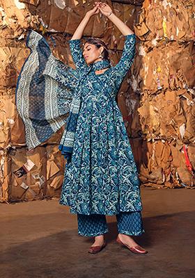 Blue Abstract Print Cotton Kurta Set