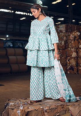 Sea Green Abstract Print Cotton Kurta Set