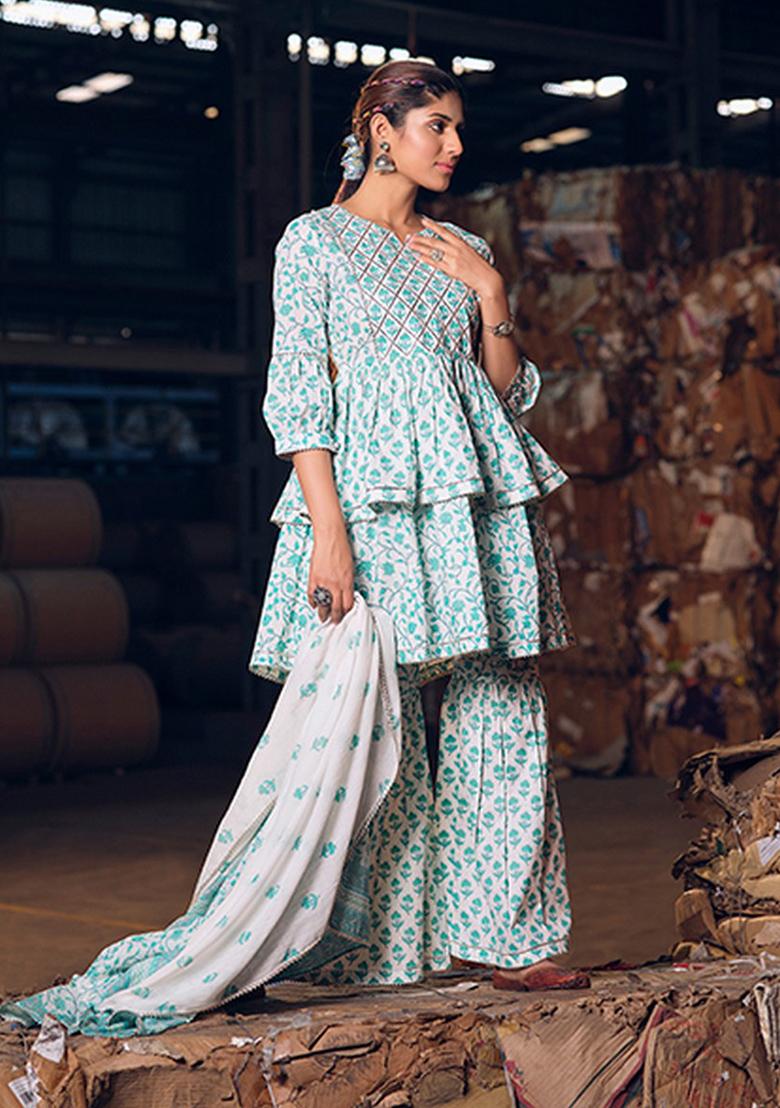 Sea Green Abstract Print Cotton Kurta Set