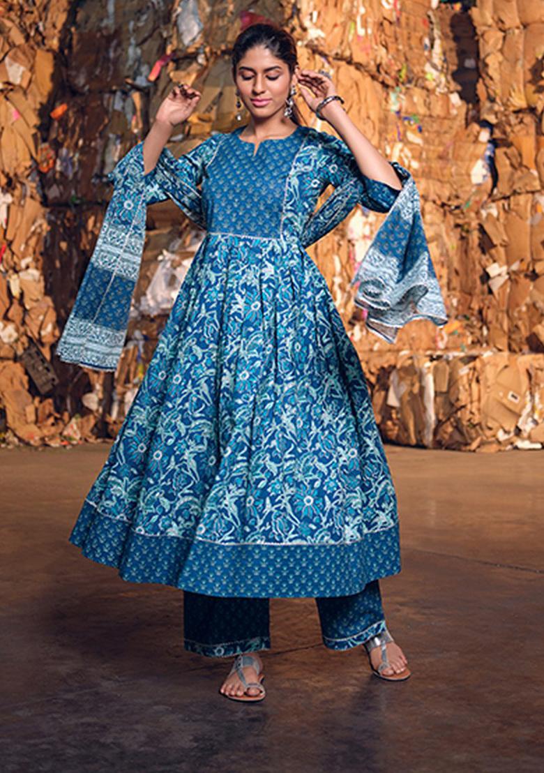 Blue Abstract Print Cotton Kurta Set