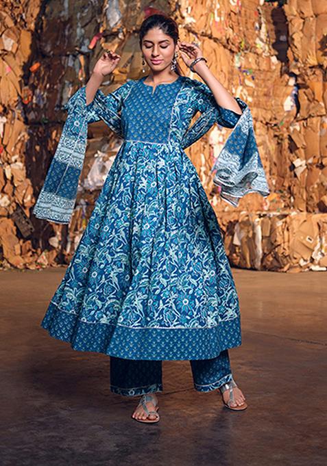 Anhaita Blue Printed Cotton Kurta Set