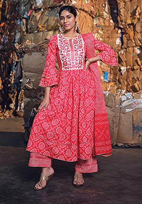Red Abstract Print Cotton Kurta Set