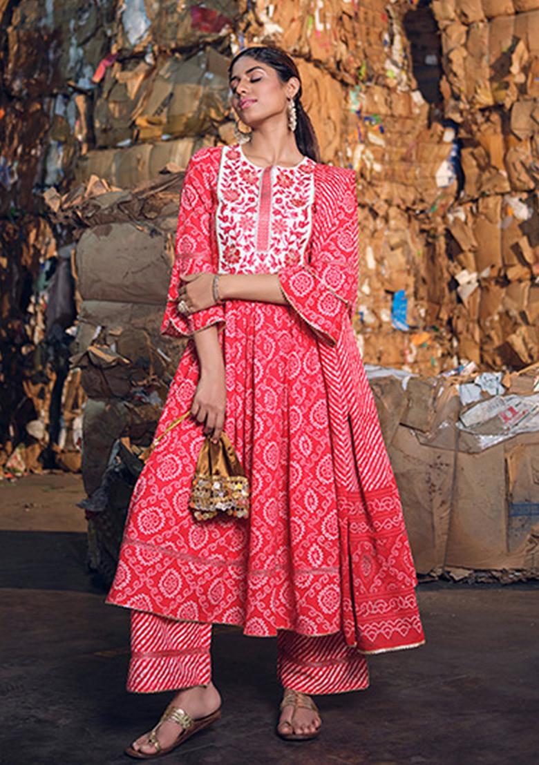 Red Abstract Print Cotton Kurta Set