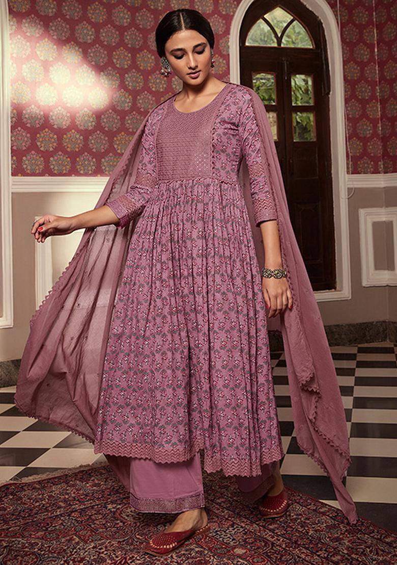 Mauve Abstract Print Cotton Kurta Set