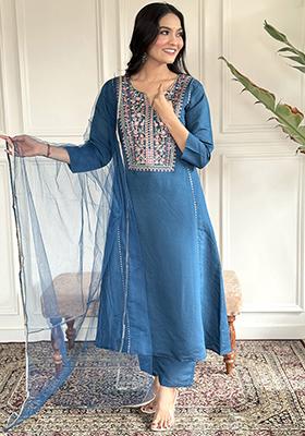 Blue Embroidered Viscose Kurta Set